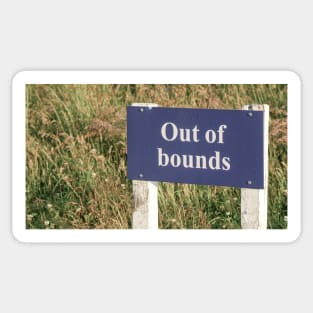 Out of bounds sign white lettering on blue on golf course. Sticker